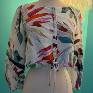 Mara Hoffman white cropped linen shirt with multi-colored feather design